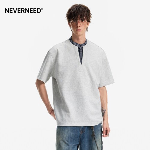 NEVERNEED假两件拼接格子T恤男