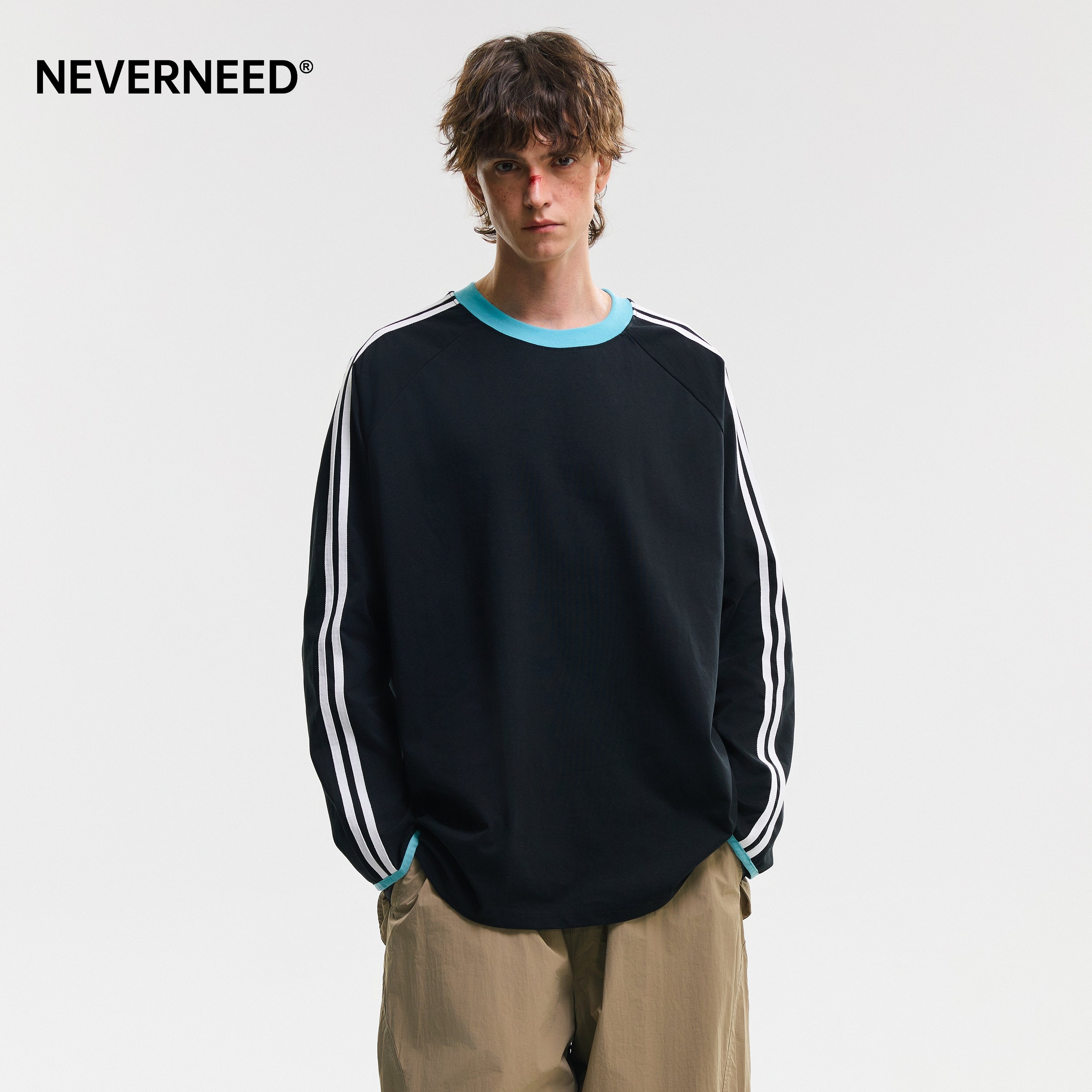 NEVERNEED索罗娜条纹长袖T恤男春季美式cleanfit撞色圆领速干上衣,男装,T恤,淘宝优惠券,粉丝福利购,淘宝优惠卷