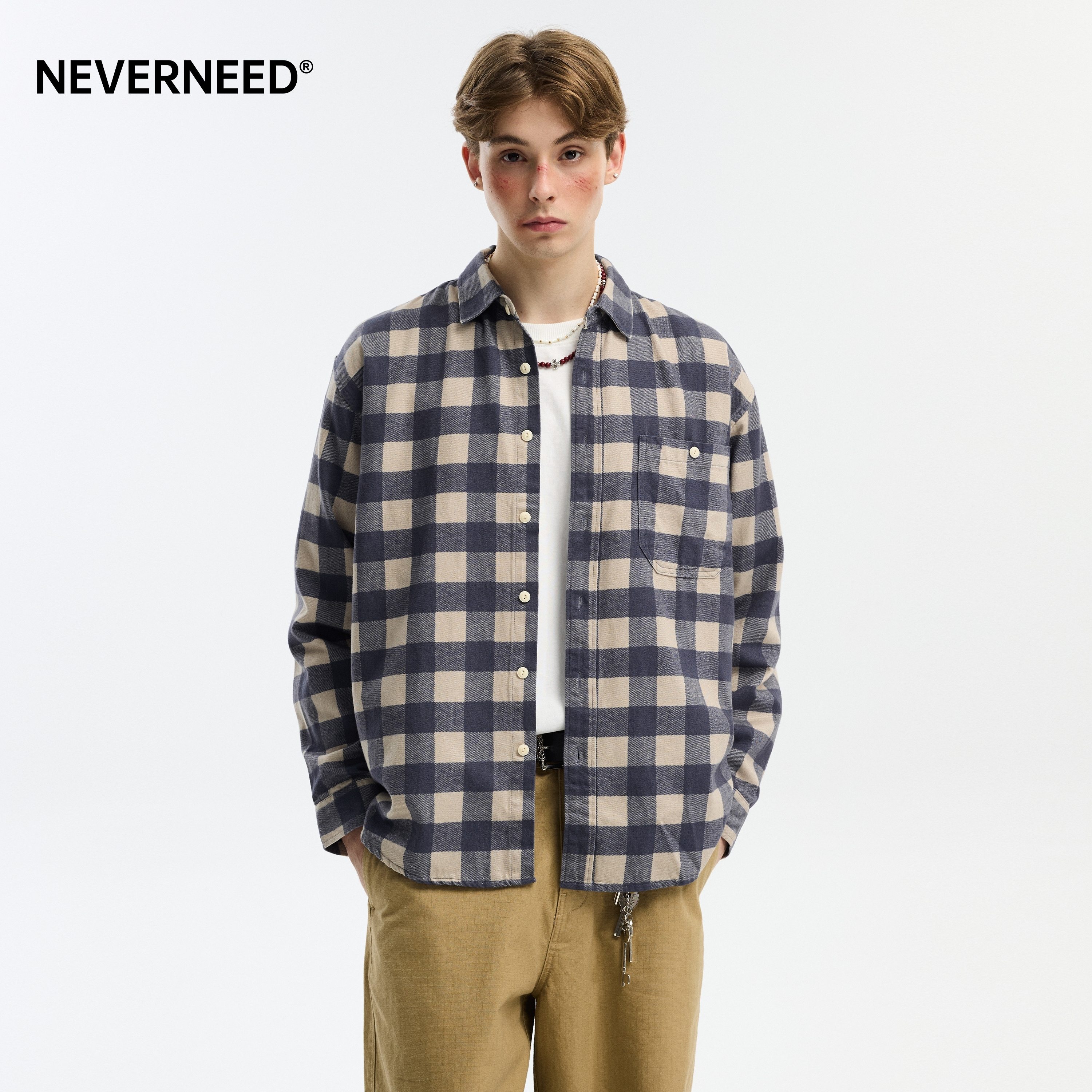 NEVERNEED天丝格纹长袖衬衫男图片
