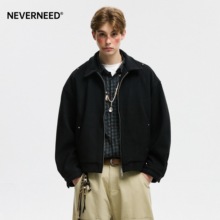 NEVERNEED美式复古解构毛呢夹克男翻领宽松cleanfit短款拉链外套
