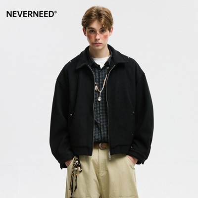NEVERNEED美式毛呢翻领外套男女