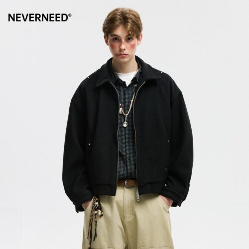 NEVERNEED美式毛呢翻领外套男女