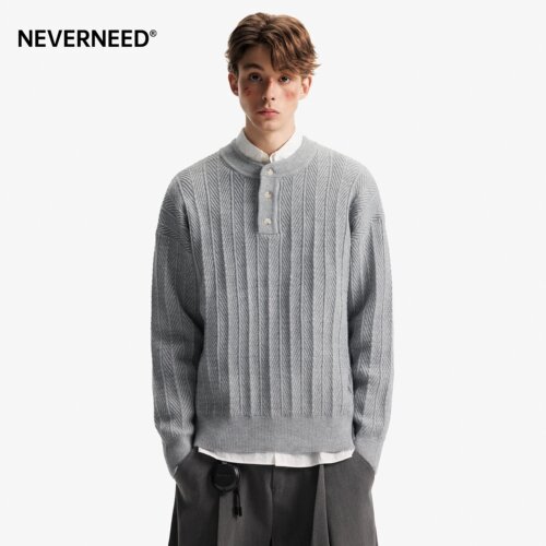 NEVERNEED亨利领坑条毛衣男女秋
