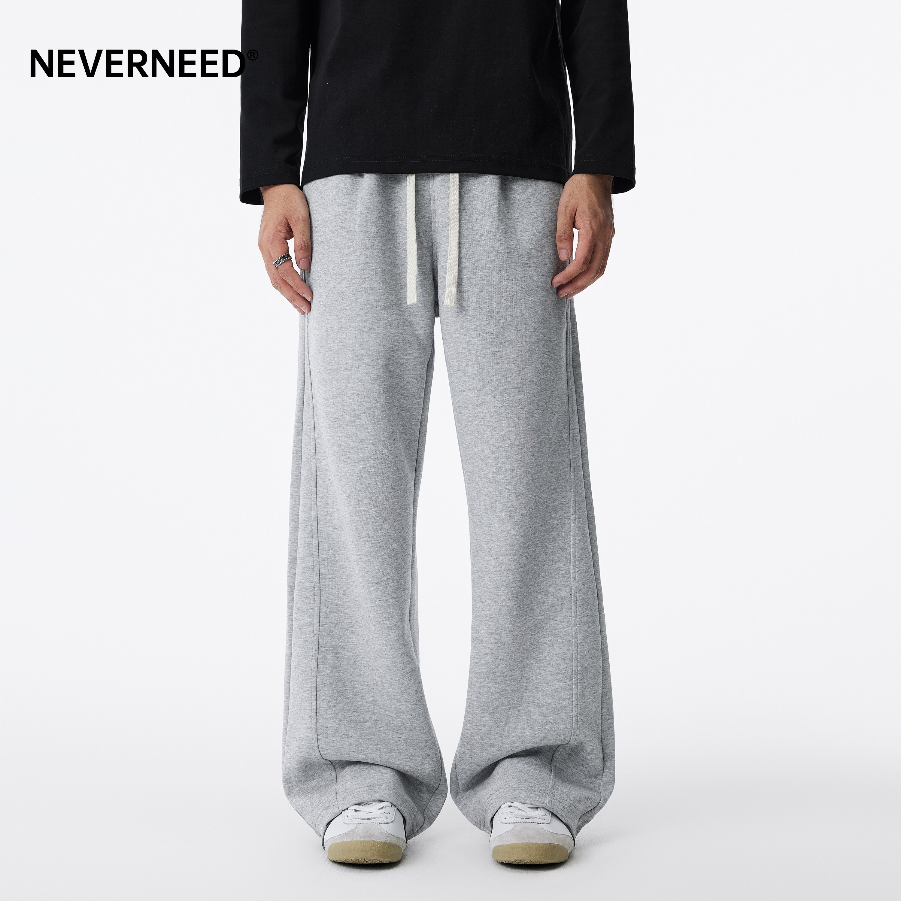 NEVERNEED宽松休闲加绒加厚卫裤男女秋冬季美式垂感A字运动直筒裤
