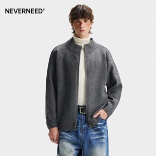NEVERNEED纯色立领针织毛衣男女冬季美式cleanfit绵羊毛情侣外套