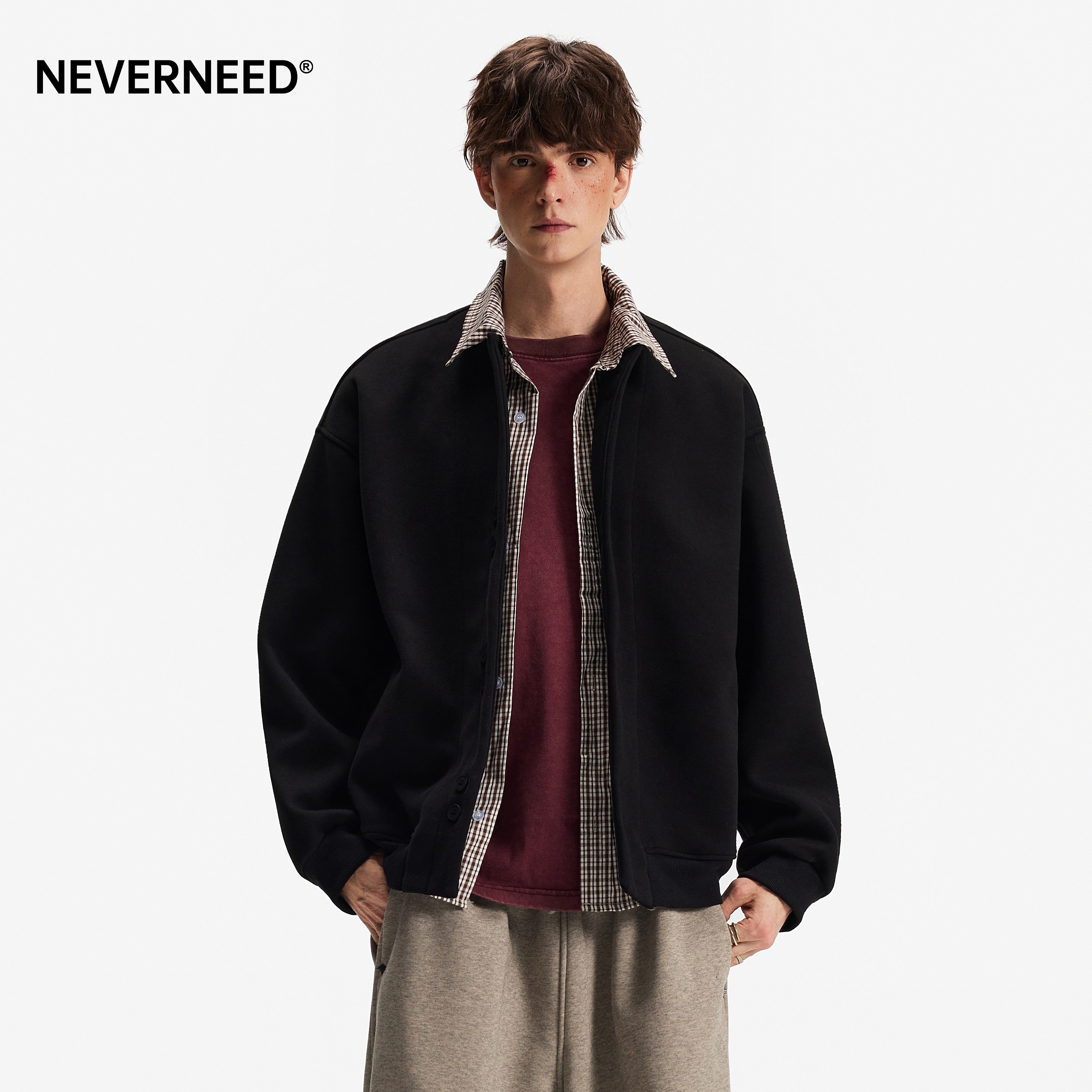 NEVERNEED假两件格纹卫衣男女图片