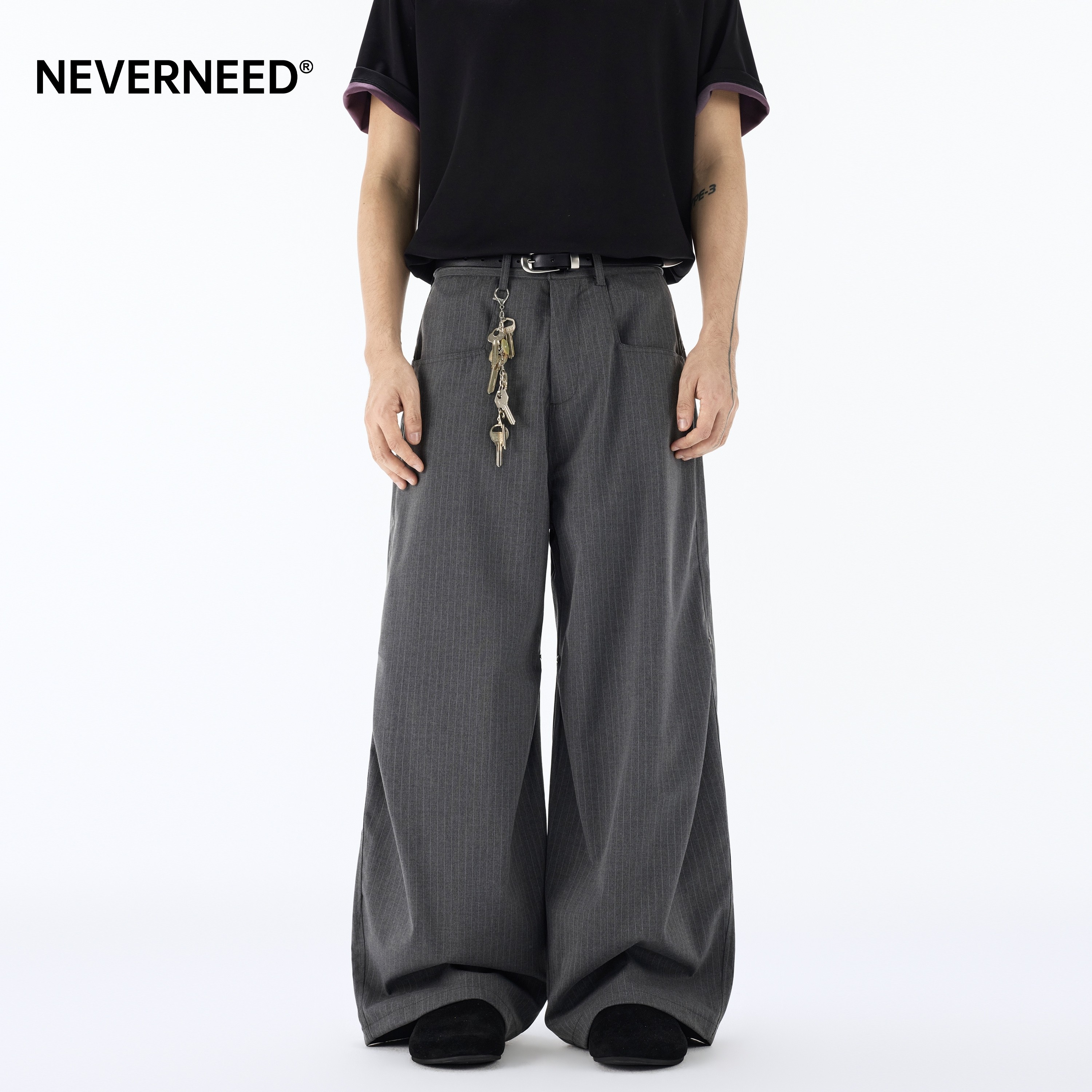 NEVERNEED条纹直筒休闲西裤男女春季美式老钱风垂坠感A字阔腿长裤