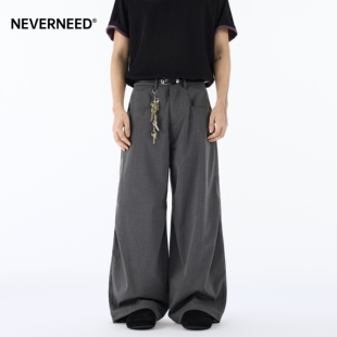 NEVERNEED条纹直筒休闲西裤男女春季美式老钱风垂坠感A字阔腿长裤
