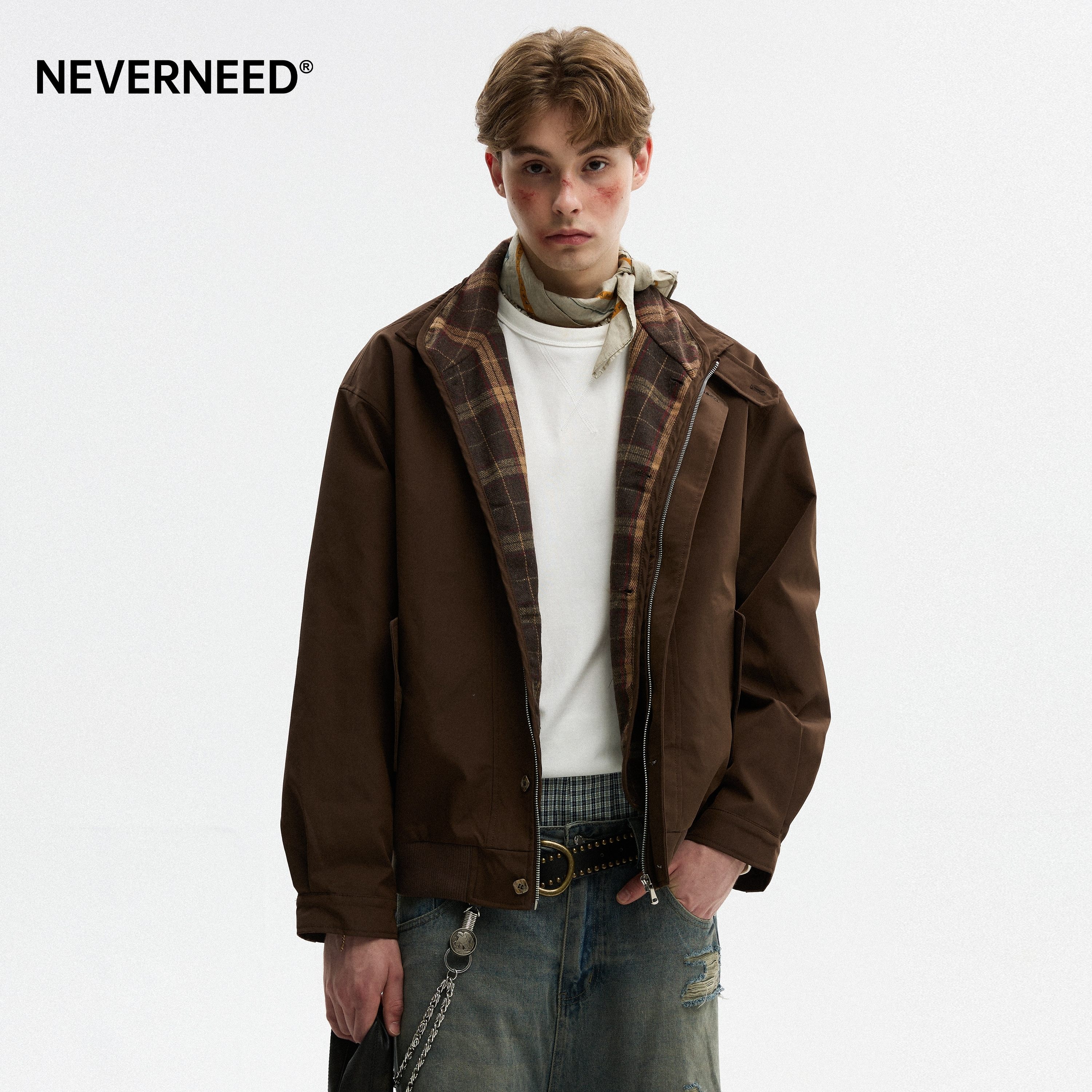 NEVERNEED假两件叠穿格纹夹克男图片