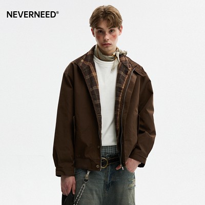NEVERNEED假两件叠穿格纹夹克男