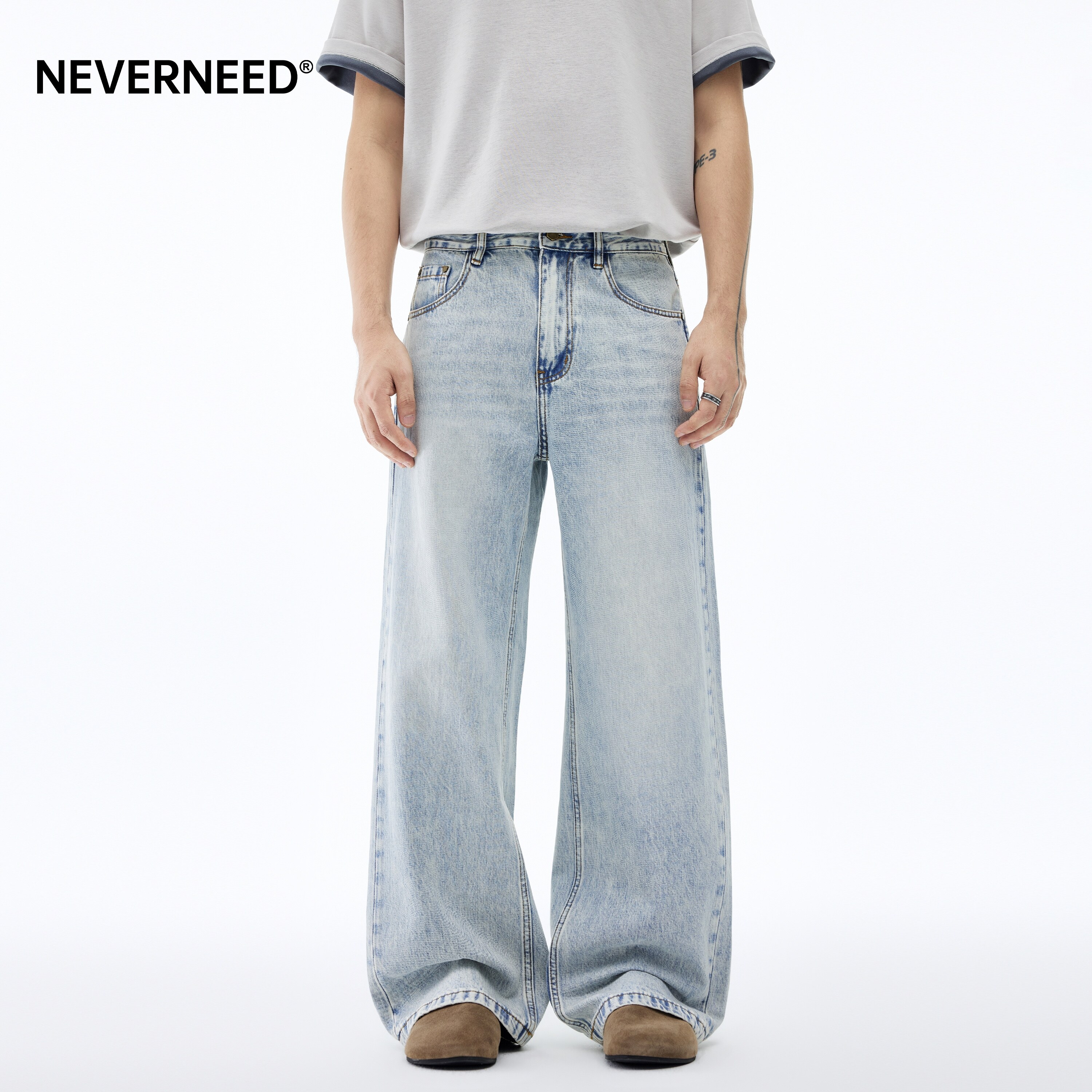NEVERNEED浅蓝色水洗宽松牛仔裤男春季美式潮牌cleanfit阔腿A字裤