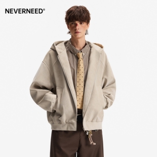 NEVERNEED大理石暗纹连帽PU皮夹克男女春季美式boxy短款休闲外套