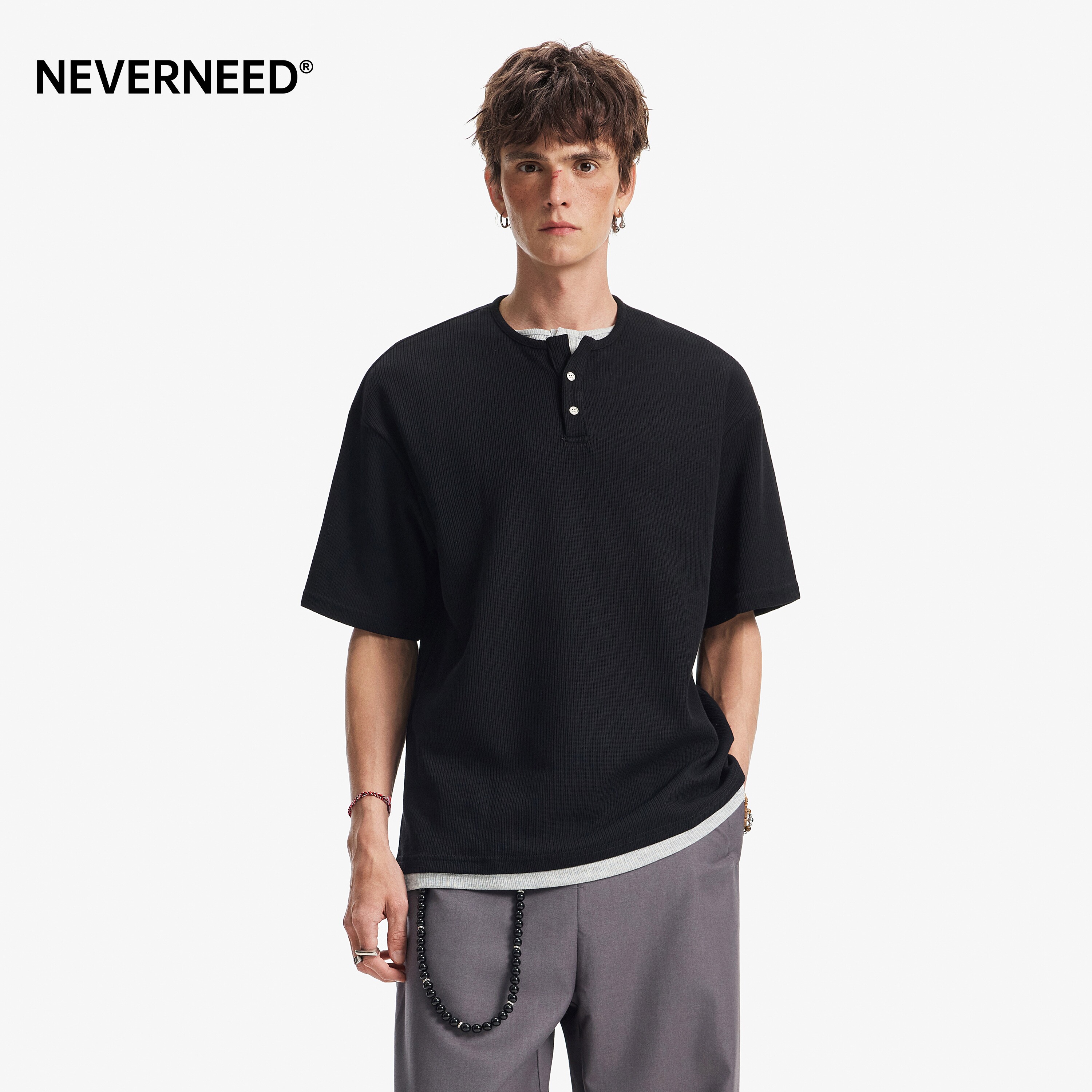 NEVERNEED假两件亨利领短袖T恤男图片