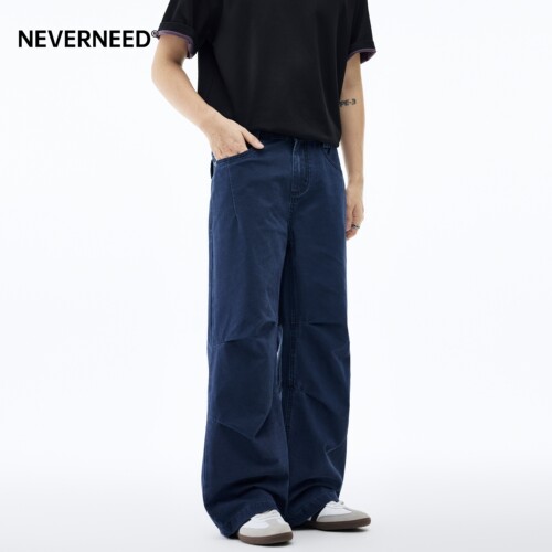 NEVERNEED褶皱直筒牛仔裤男女
