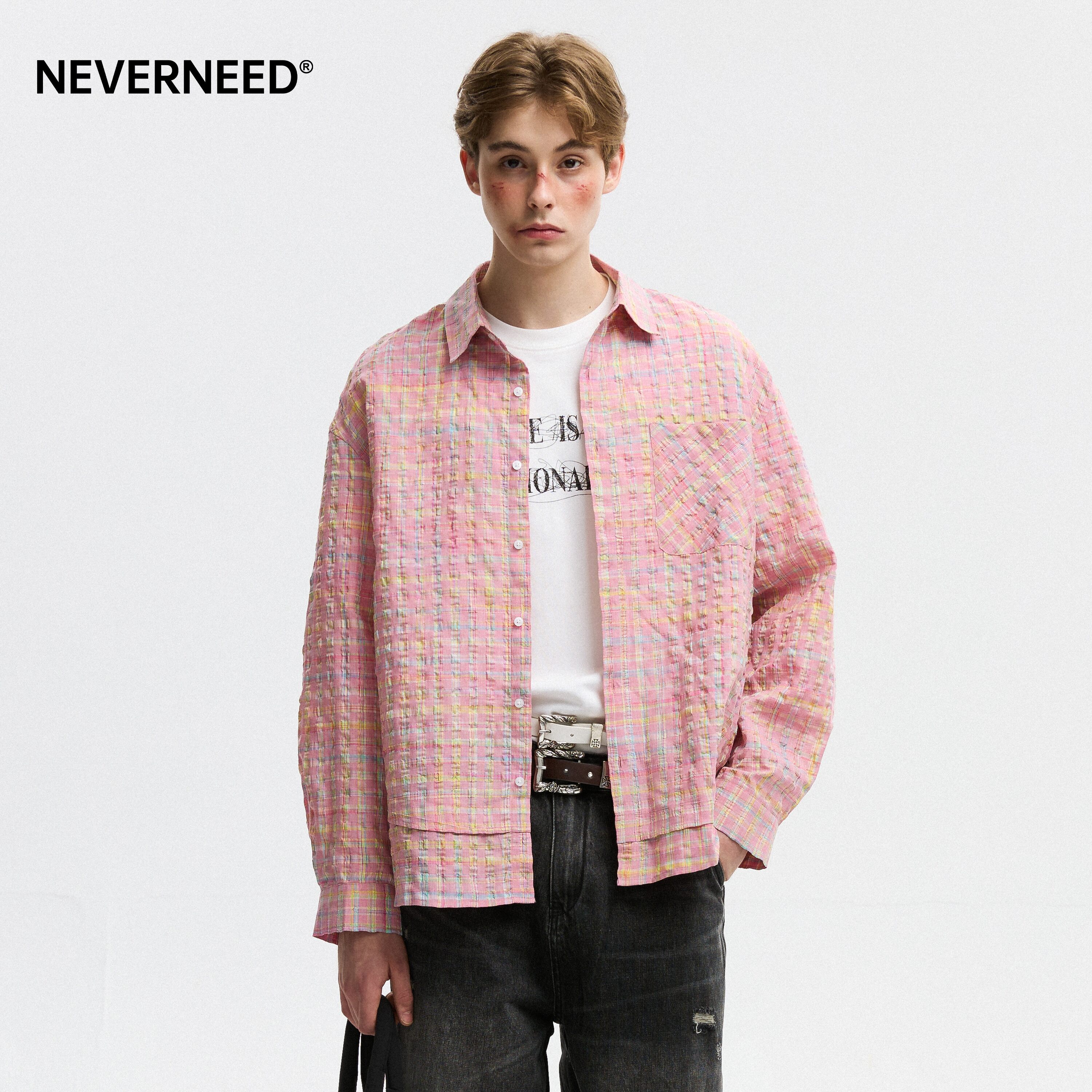 NEVERNEED格纹泡泡纱长袖衬衫图片