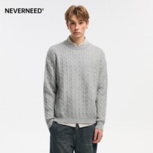 NEVERNEED美式麻花圆领毛衣男女秋冬季慵懒风宽松套头针织衫上衣
