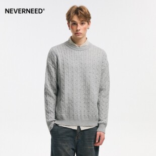 上衣 慵懒风宽松套头针织衫 NEVERNEED美式 麻花圆领毛衣男女秋冬季