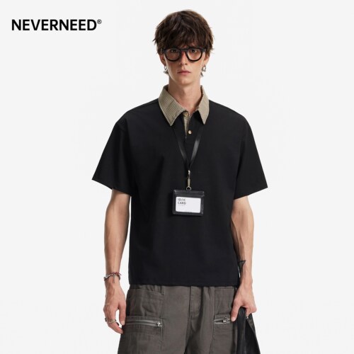 NEVERNEED千鸟格拼接POLO衫男