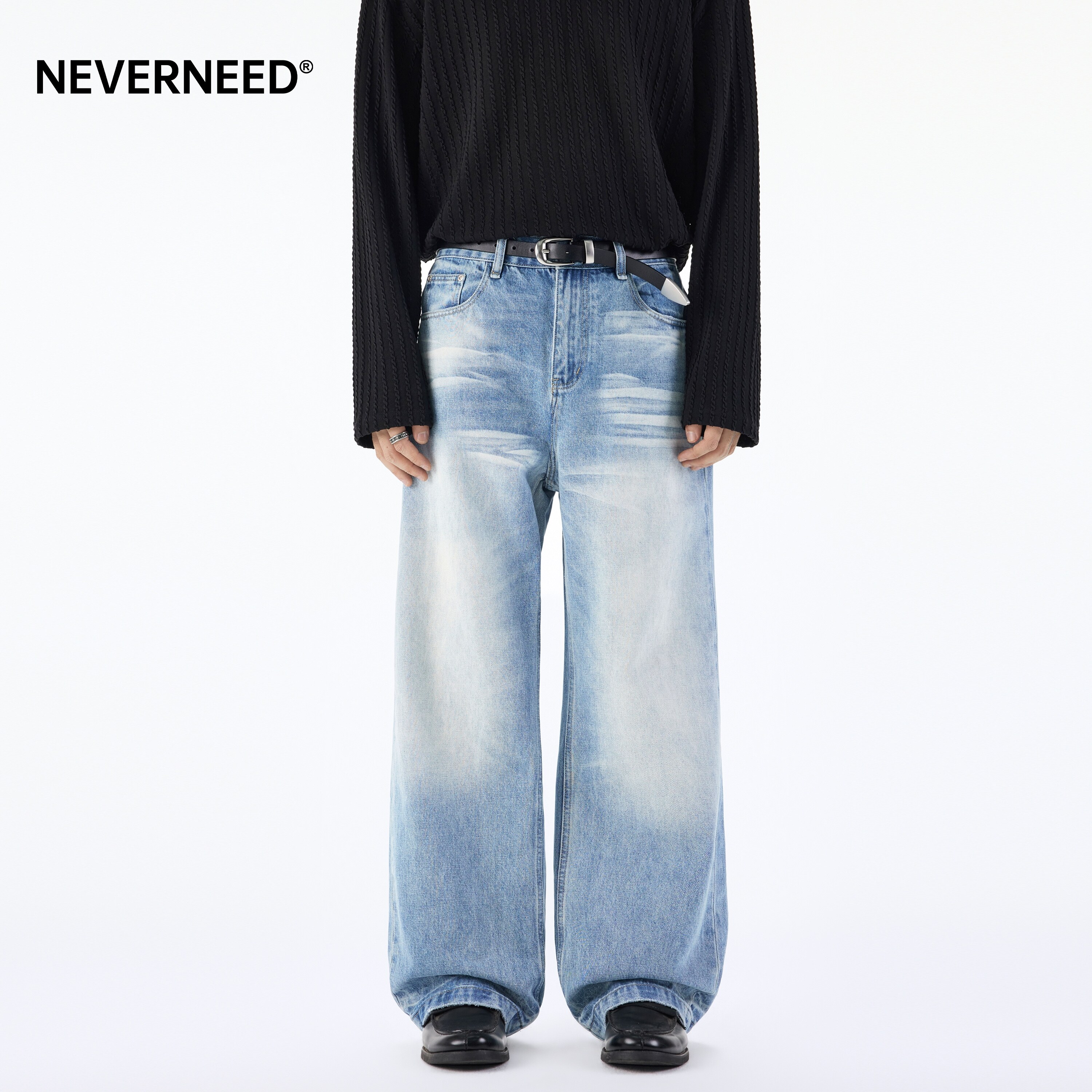 NEVERNEED立体猫须直筒牛仔裤男图片
