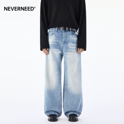 NEVERNEED立体猫须直筒牛仔裤男