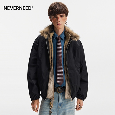NEVERNEED狼王座山雕毛领棉衣男