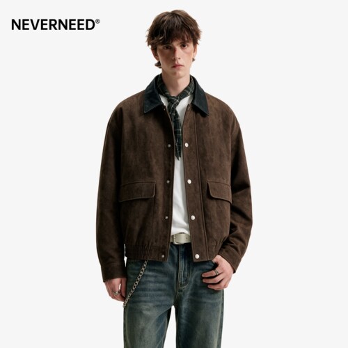 NEVERNEED复古PU皮领工装夹克男