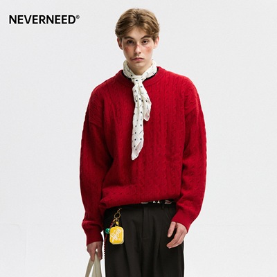 NEVERNEED纯色麻花套头毛衣男