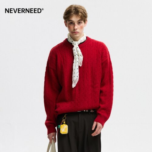 NEVERNEED纯色麻花套头毛衣男