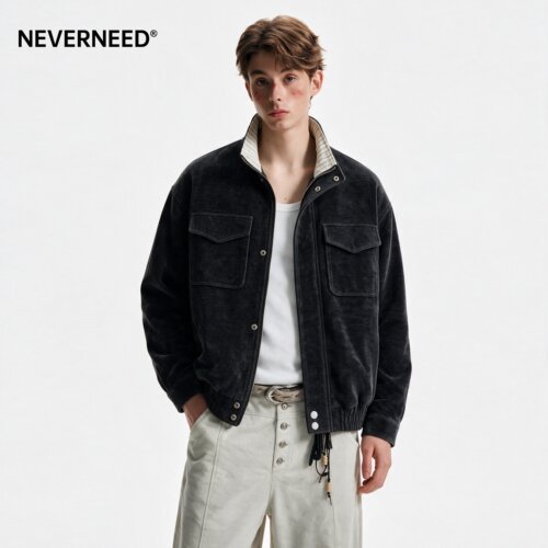 NEVERNEED灯芯绒立领夹克男女秋季美式cleanfit情侣短款工装外套