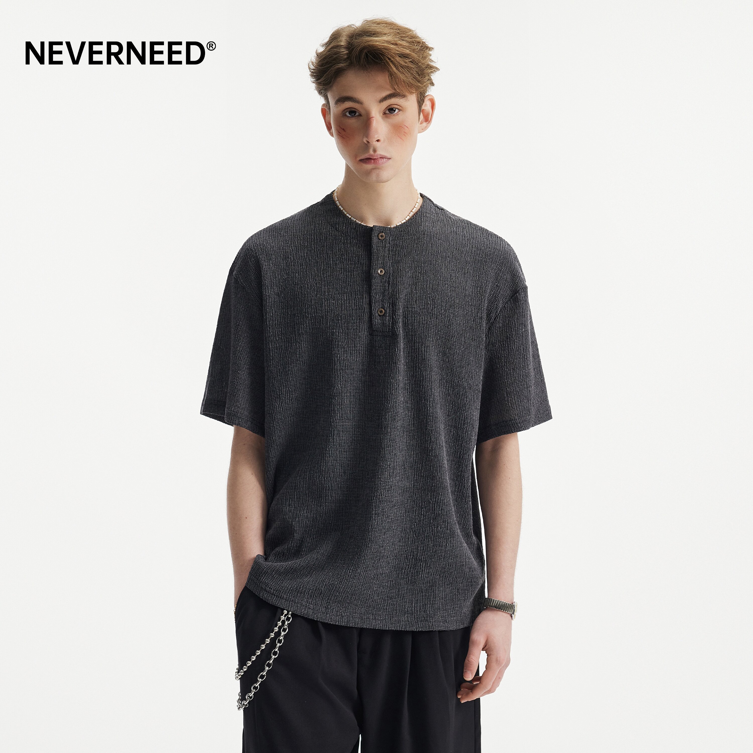 NEVERNEED肌理感亨利领短袖t恤图片