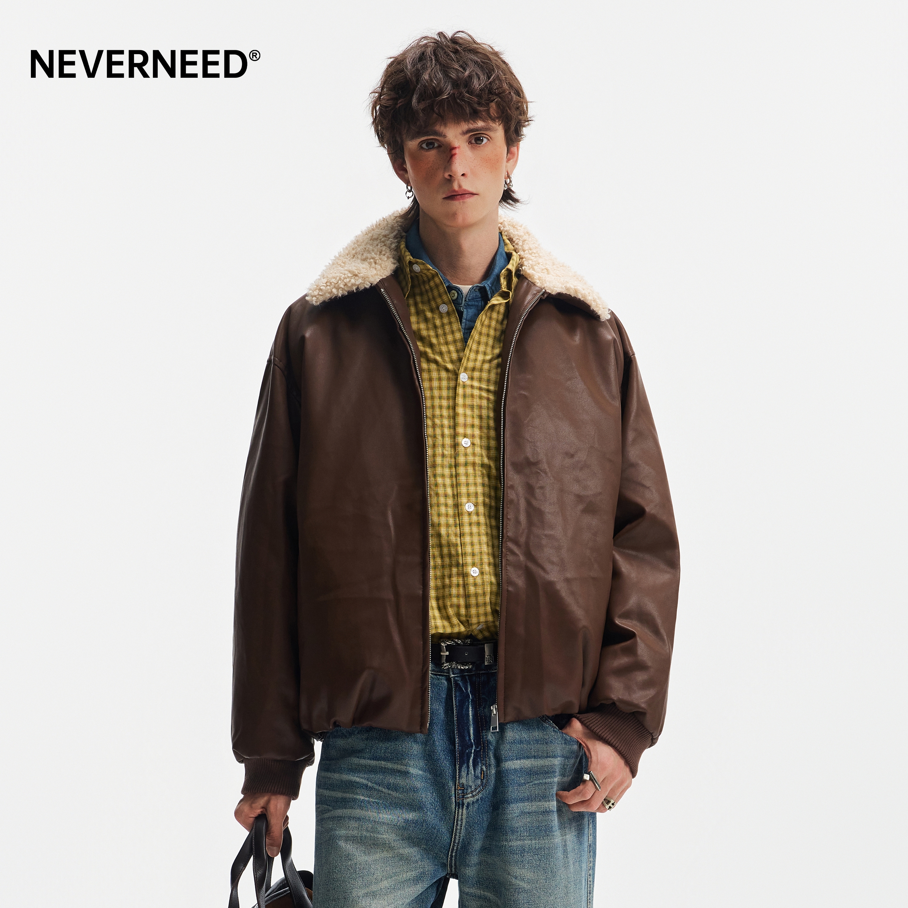 NEVERNEED羊羔绒皮夹克棉衣男