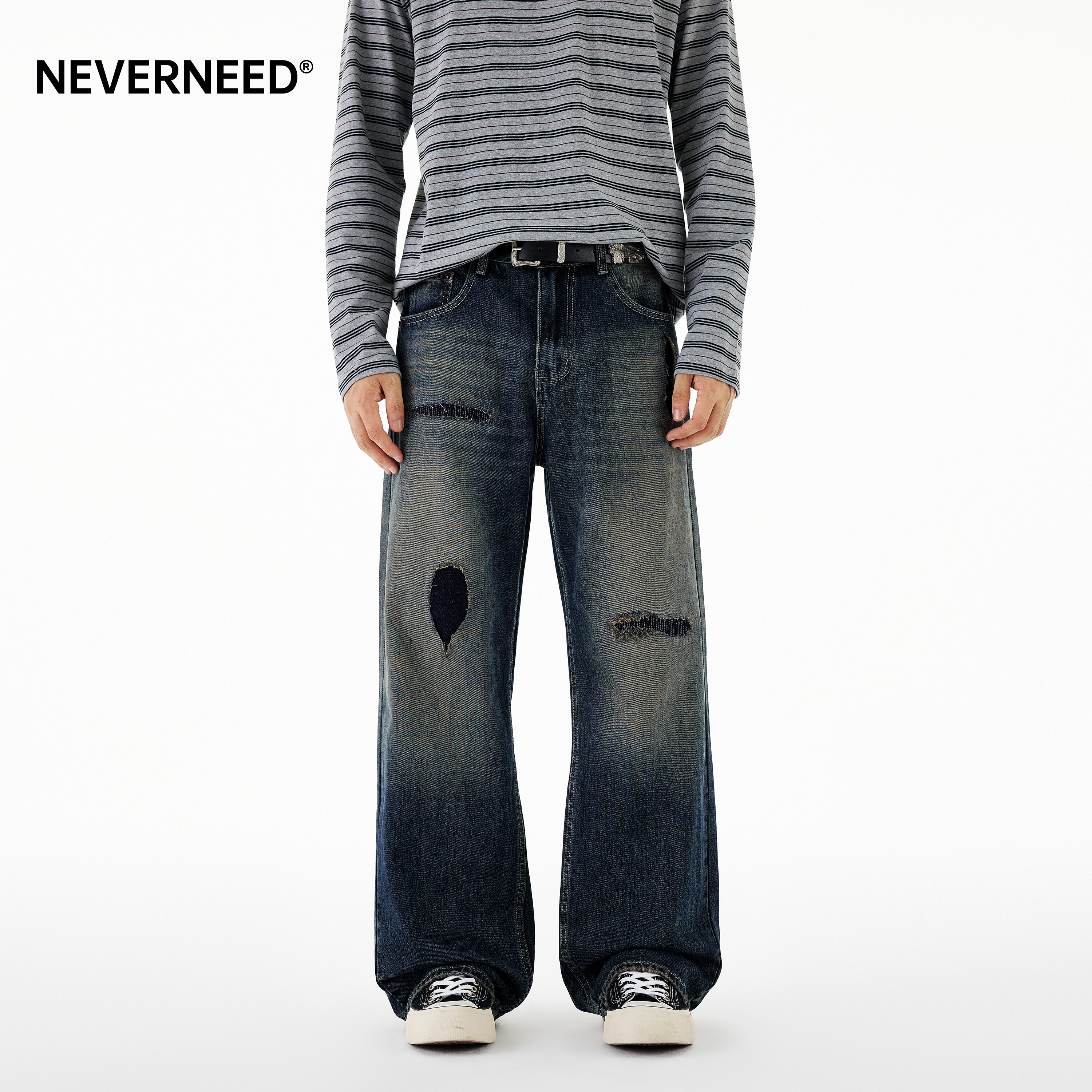 NEVERNEED水洗做旧直筒牛仔裤男图片