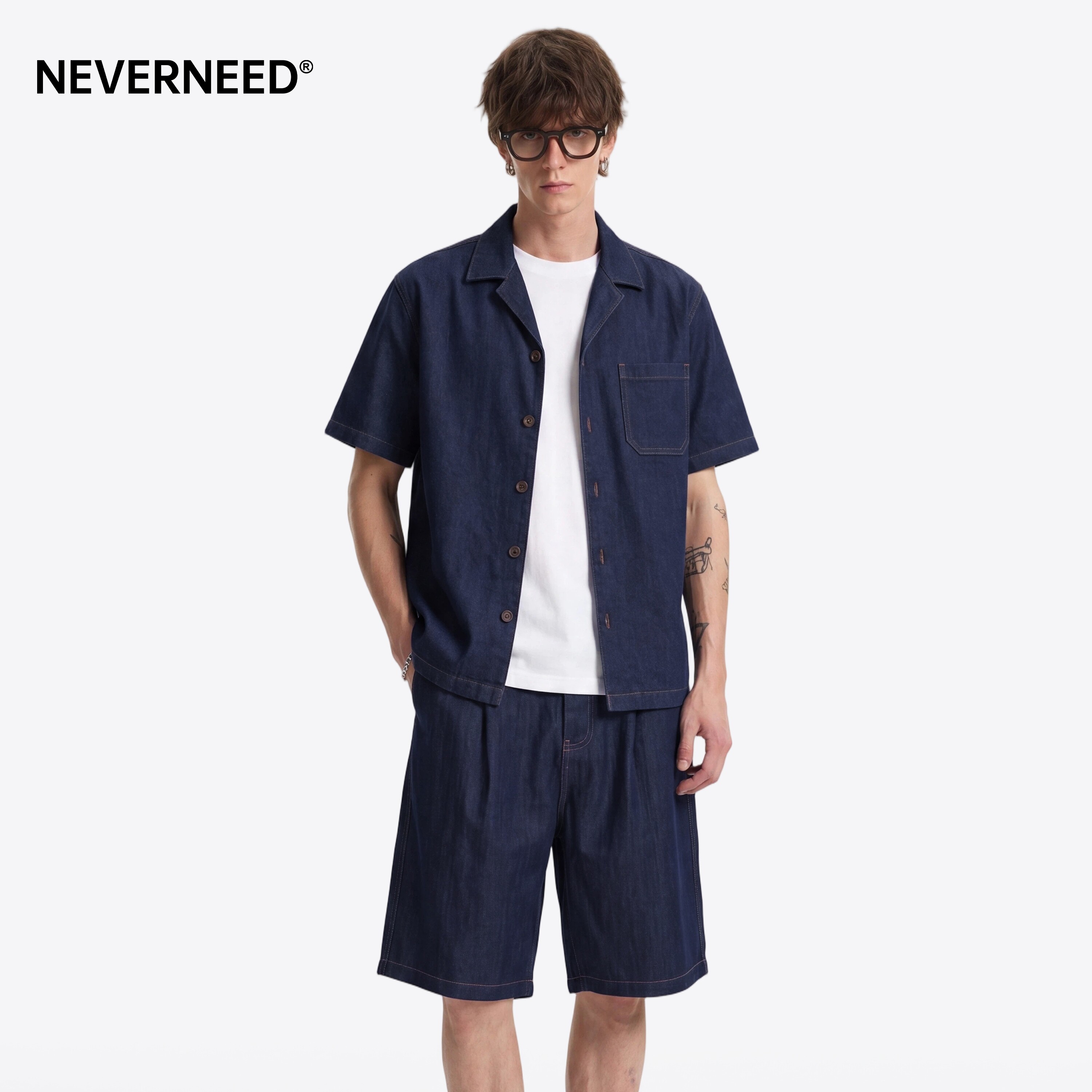 NEVERNEED莱赛尔牛仔衬衫短裤图片