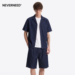 NEVERNEED莱赛尔牛仔衬衫短裤套装男女夏季美式vibe休闲两件套潮