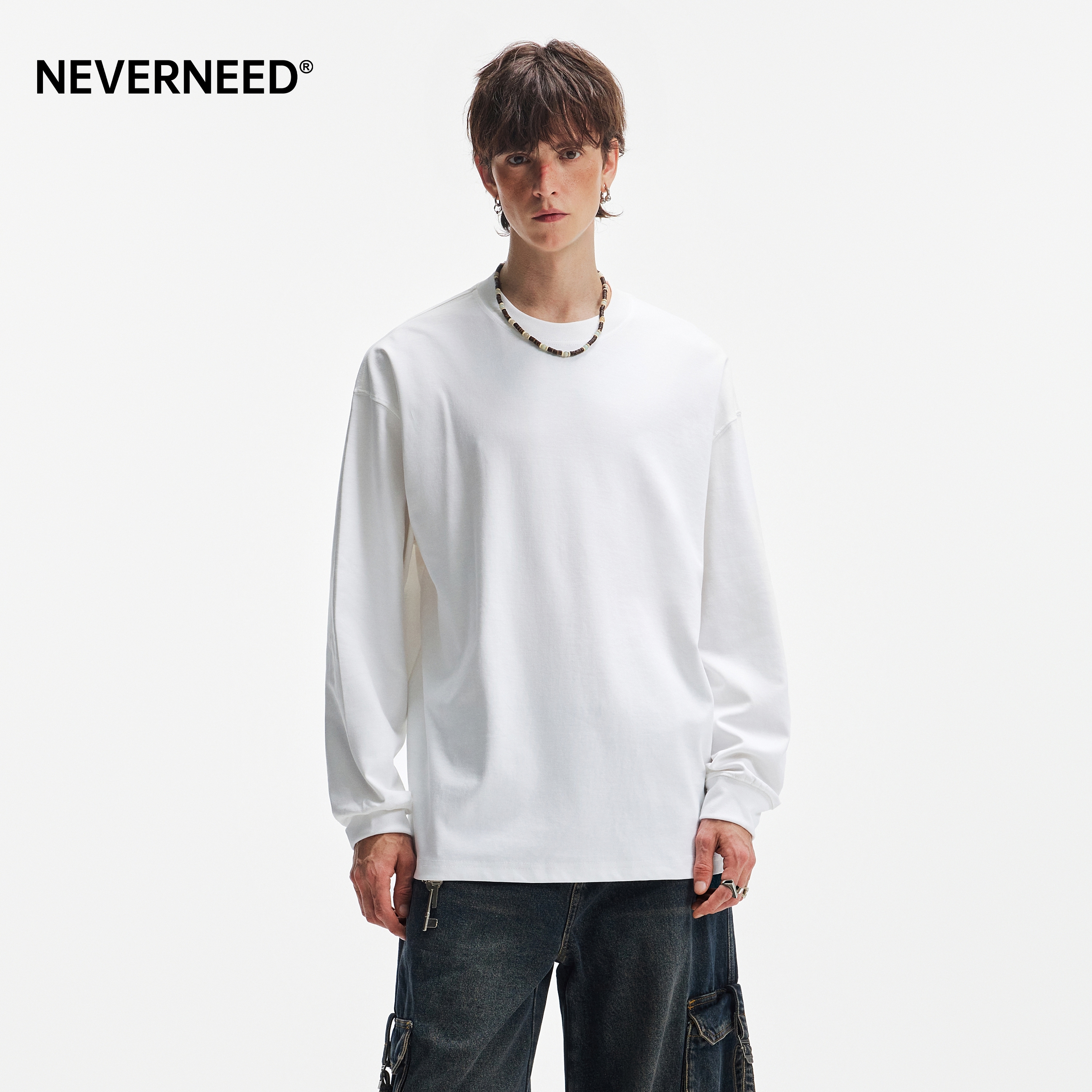 NEVERNEED白色基础款长袖T恤男女