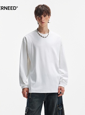 NEVERNEED白色基础款长袖T恤男女秋季美式潮牌宽松情侣内搭打底衫