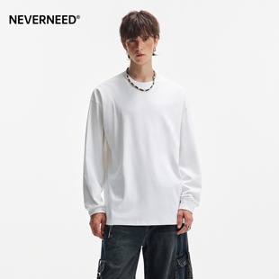 潮牌宽松情侣内搭打底衫 NEVERNEED白色基础款 美式 T恤男女秋季 长袖