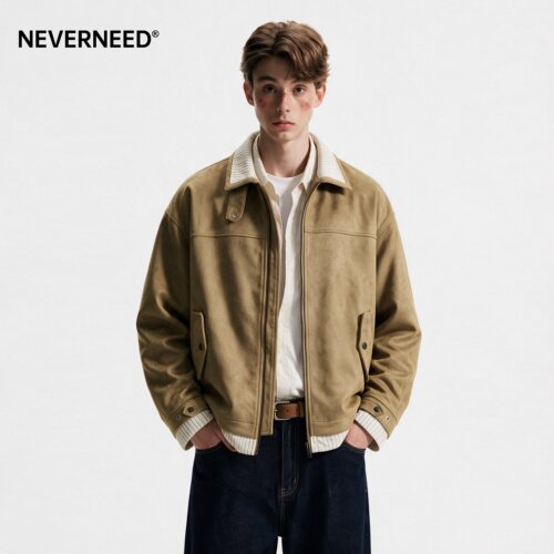 NEVERNEED空气层麂皮绒翻领夹克男女秋季美式潮牌假两件短款外套