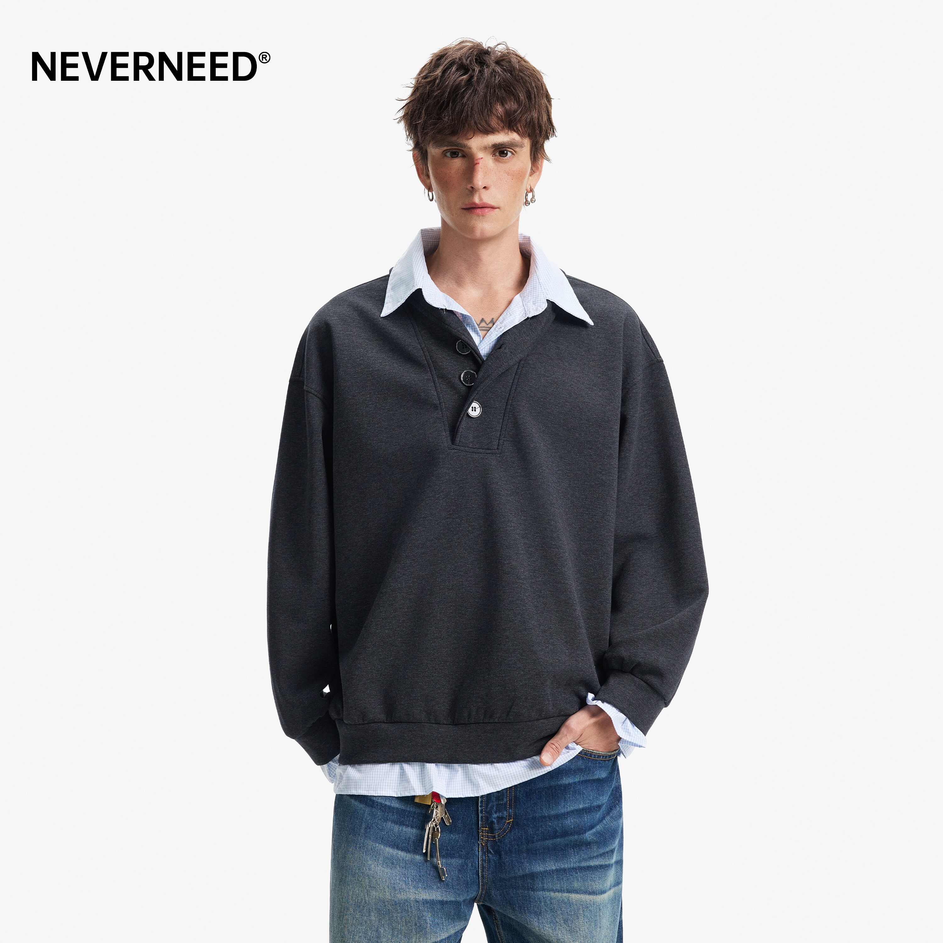 NEVERNEED假两件拼接polo领卫衣图片