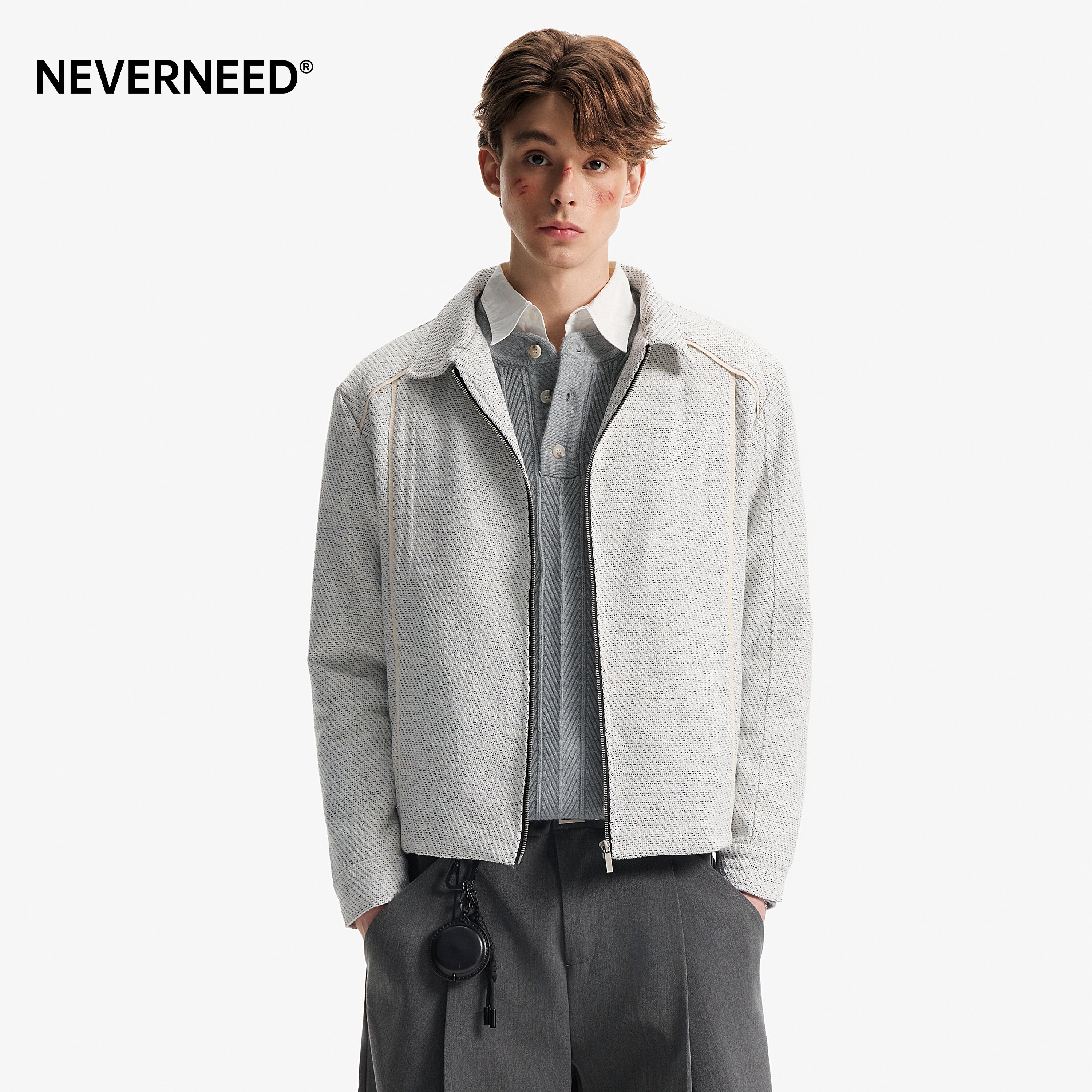 NEVERNEED编织设计感翻领夹克男图片