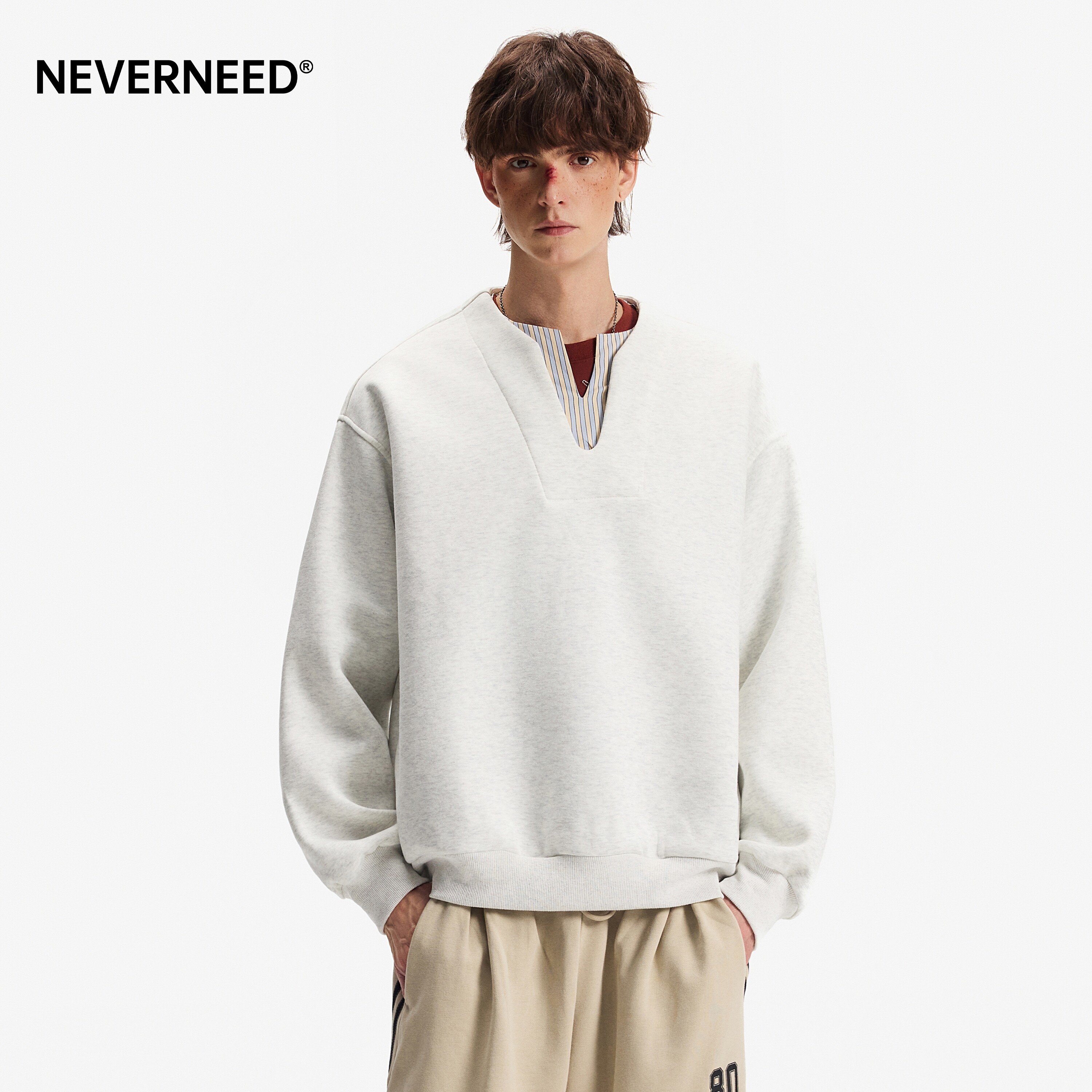 NEVERNEED假两件V领卫衣男女春季图片