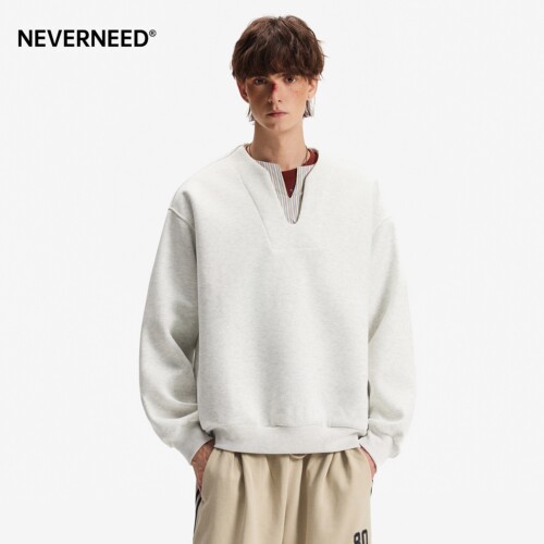 NEVERNEED假两件V领卫衣男女春季