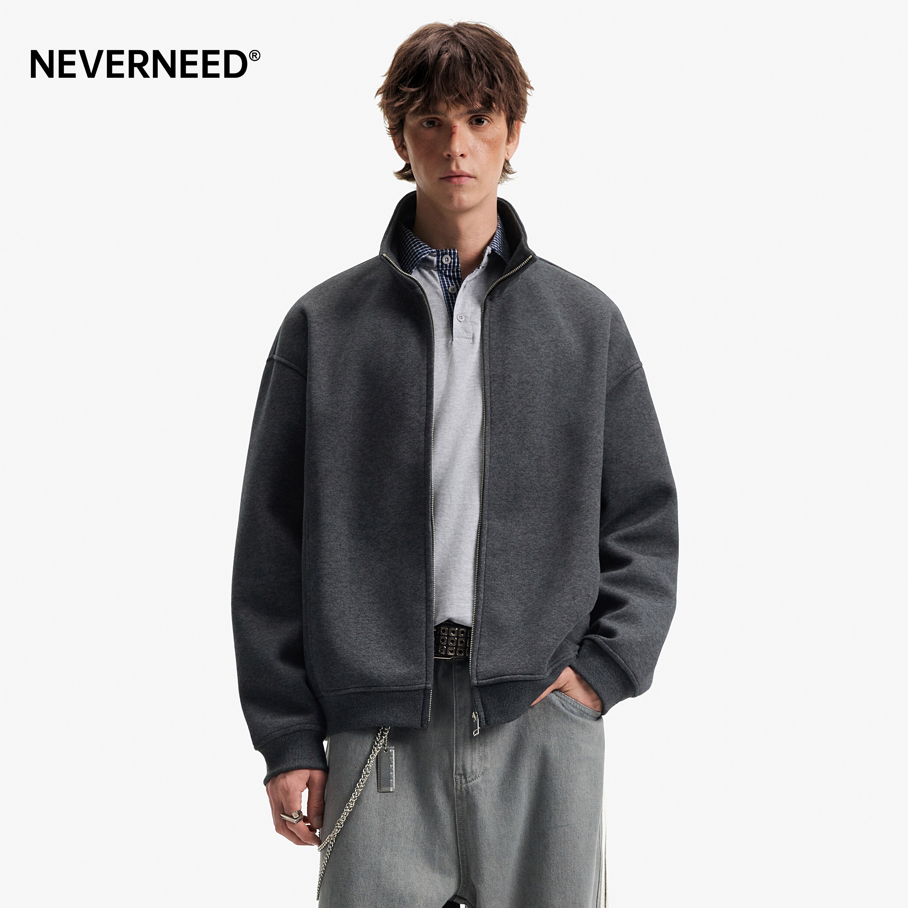 NEVERNEED纯色立领重磅开衫卫衣男女秋季美式短款休闲运动外套潮图片