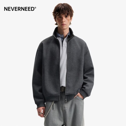 NEVERNEED纯色立领重磅开衫卫衣男女秋季美式短款休闲运动外套潮