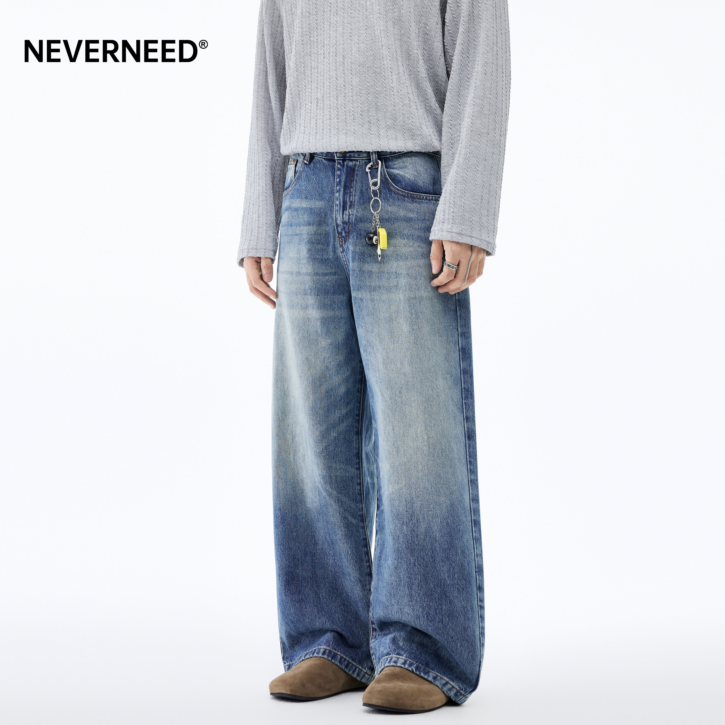 NEVERNEED美式复古水洗牛仔裤男图片