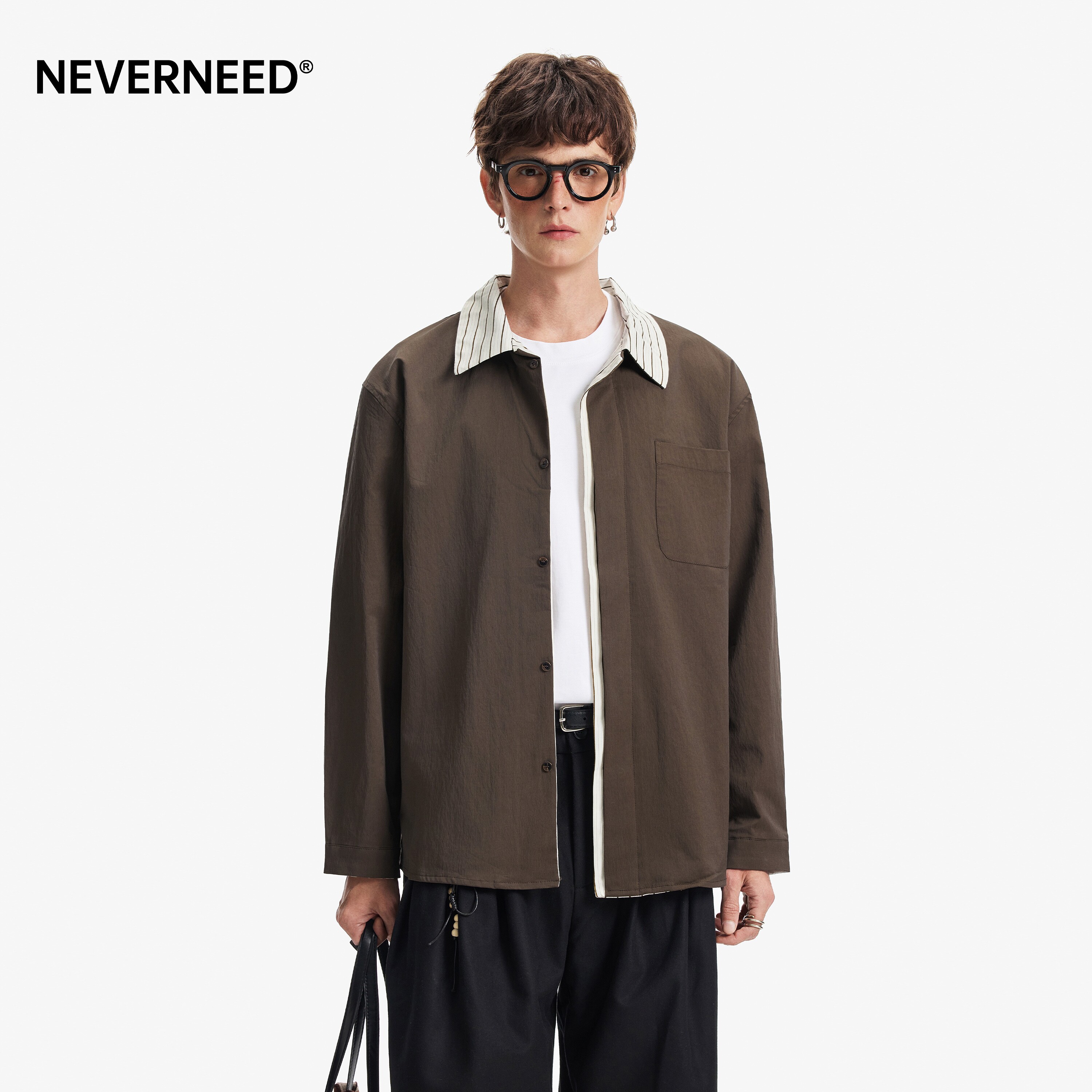 NEVERNEED条纹翻领长袖衬衫男图片