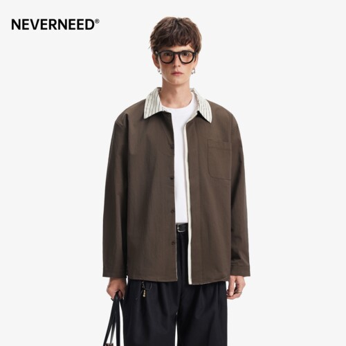NEVERNEED条纹翻领长袖衬衫男