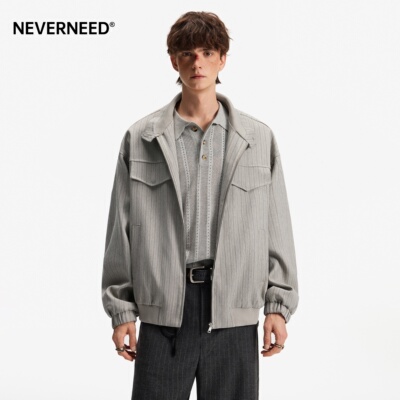 NEVERNEED老钱风条纹立领夹克男