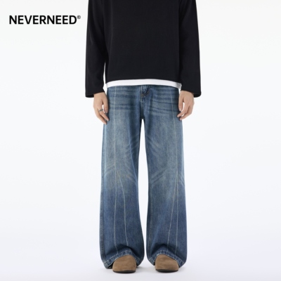 NEVERNEED美式高街直筒牛仔裤男
