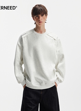 NEVERNEED400g重磅解构圆领卫衣男女秋季美式复古拼接套头上衣潮